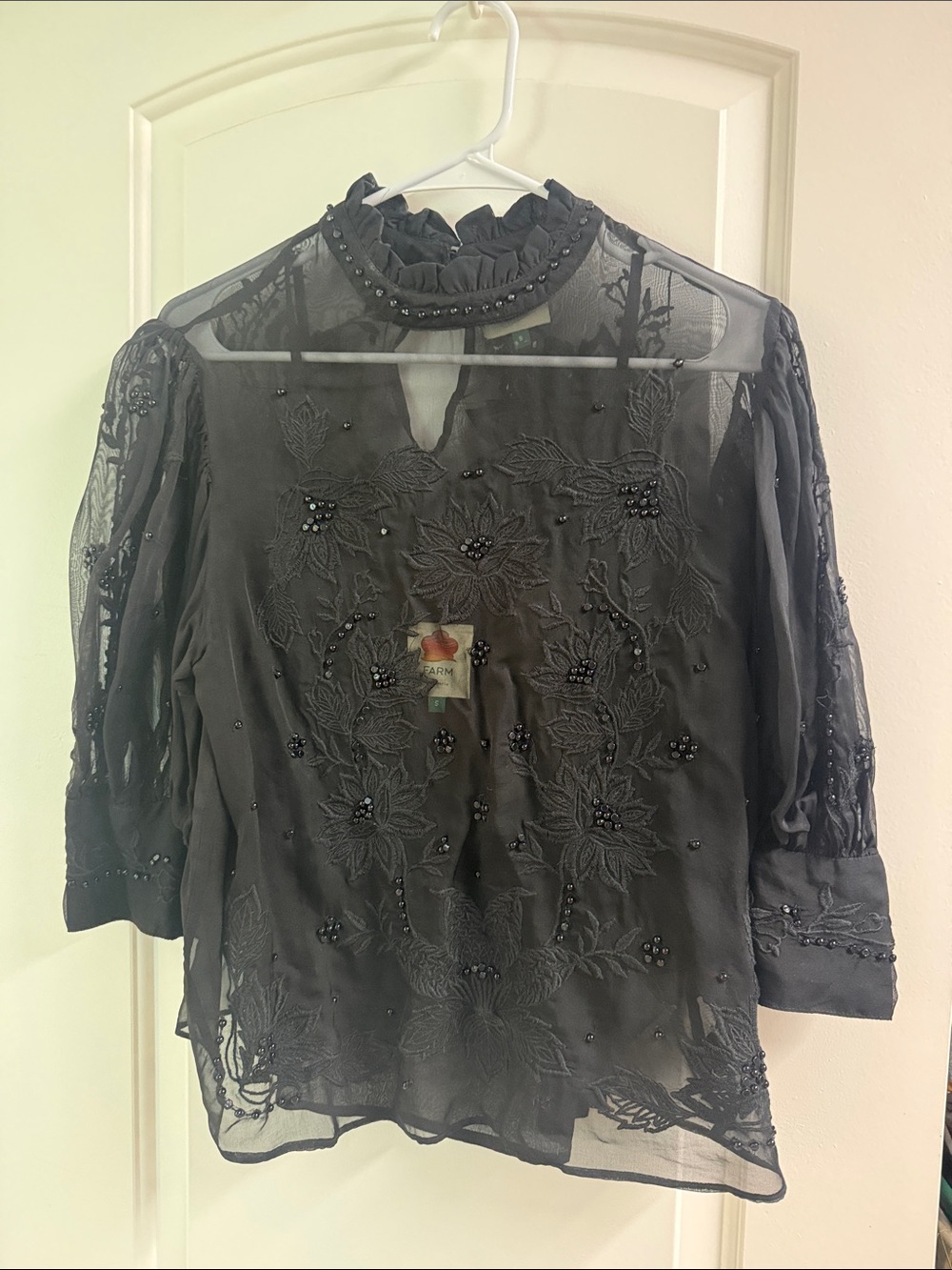FARM Rio Black Sheer Embroidered Ruffle-Neck Blouse
